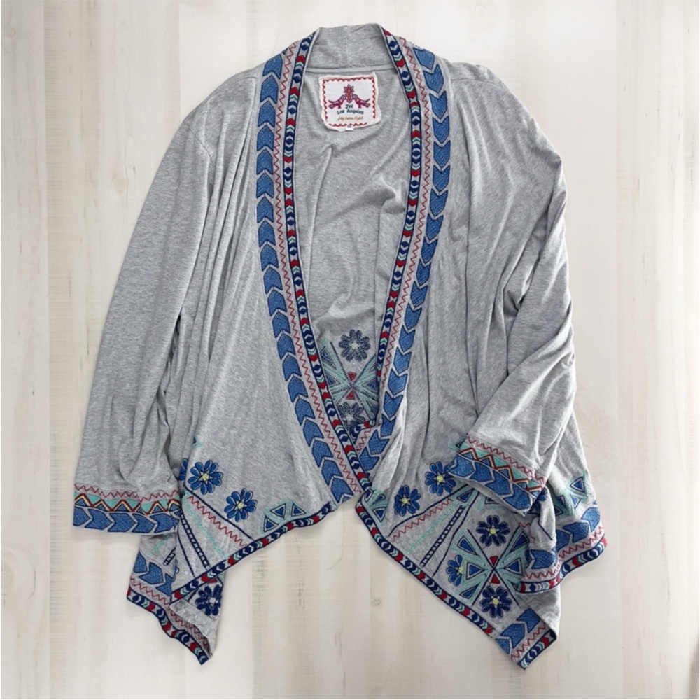 Johnny Was Light Gray Cardigan with Blue and Red Embroidery